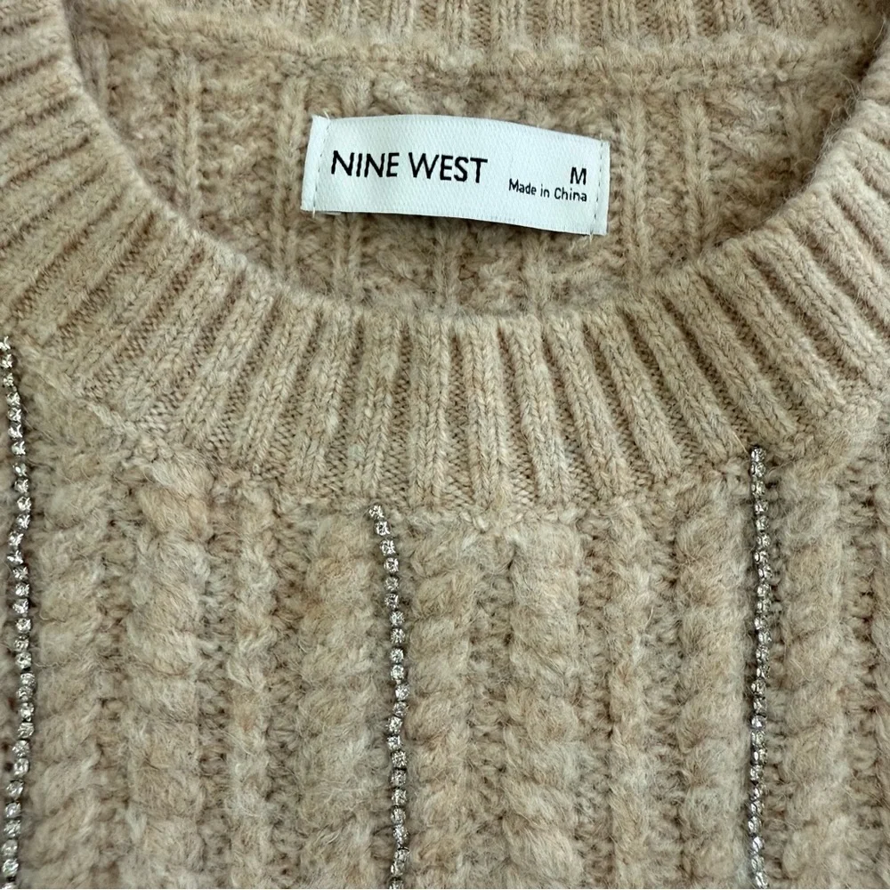 Nine West Beige Ribbed Rhinestone Knit Sweater Crew Neck Fuzzy Medium NWT